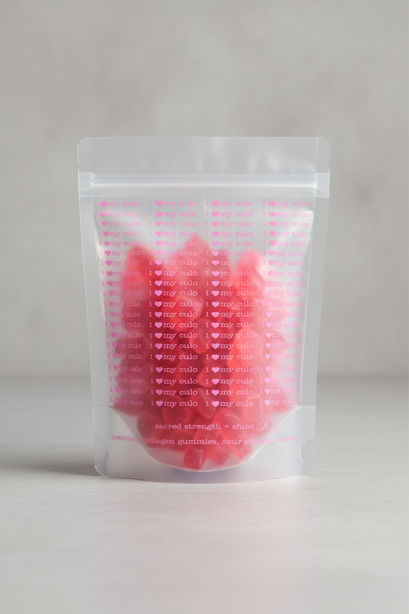 Beautiful transparent pouch with all pink text and visible gummies